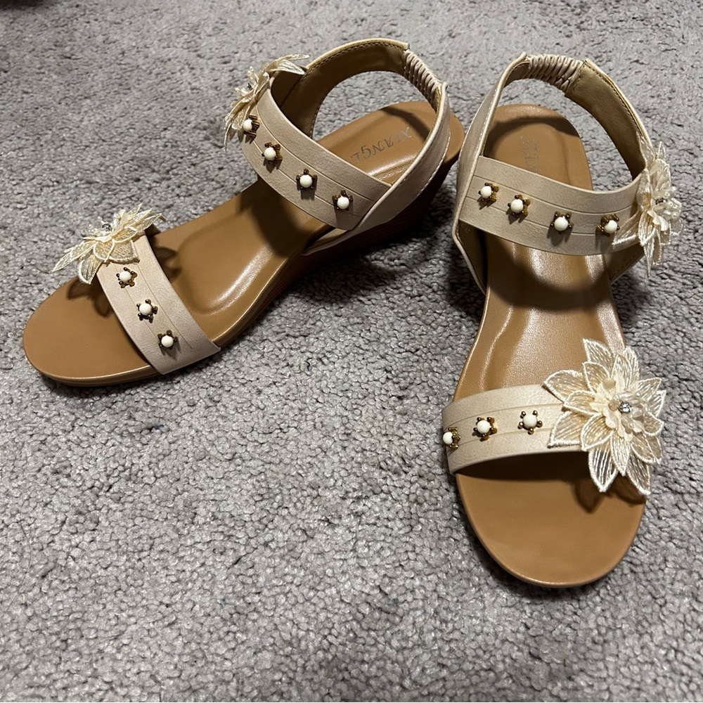 (SOLD) Apricot Wedge Sandals with Floral Details